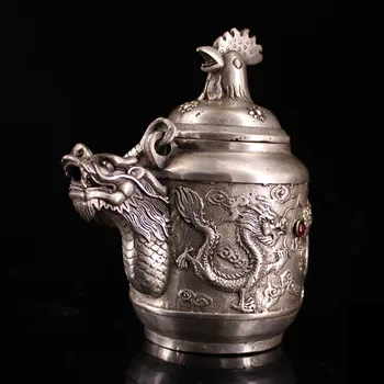 Očarljivo Ročno tibera srebro vdelan gemstone piščanec glavo, dve dragons igra z biseri, vino pot, čajnik 0