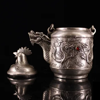 Očarljivo Ročno tibera srebro vdelan gemstone piščanec glavo, dve dragons igra z biseri, vino pot, čajnik 3
