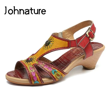 Johnature 2021 Nove Ženske Sandale Poletni Čevlji Mešane Barve Pravega Usnja Sponke Traku Retro Ročno Jedrnato Dame Sandali